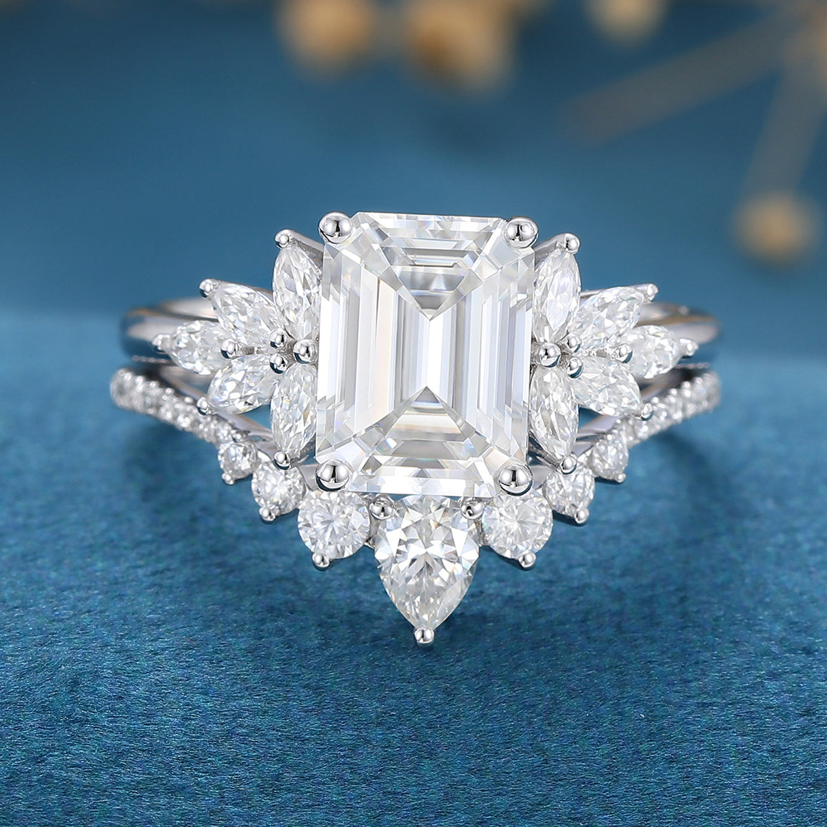 1.60 CT Emerald Shaped Moissanite Cluster Bridal Set