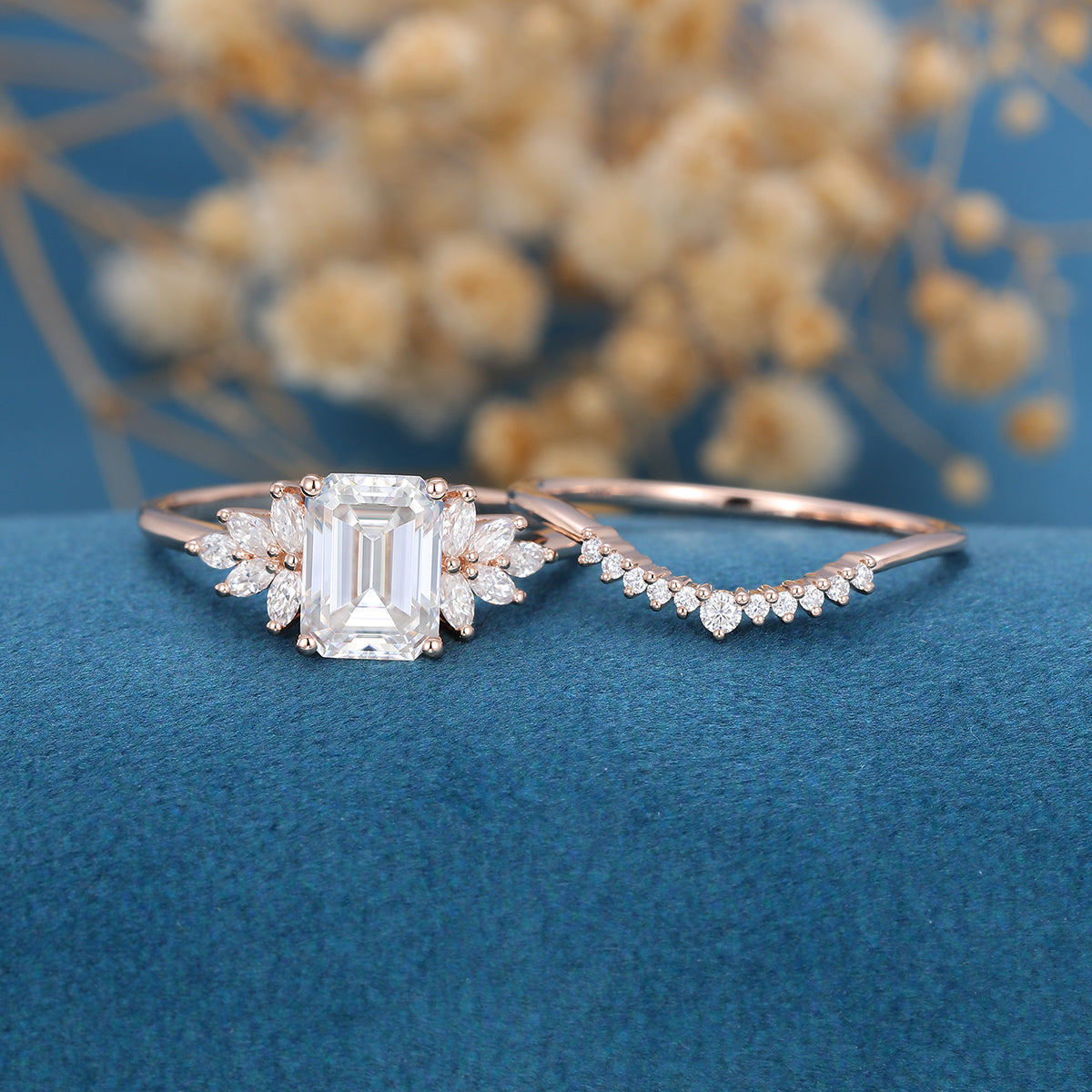 1.60 CT Emerald Shaped Moissanite Cluster Bridal Set