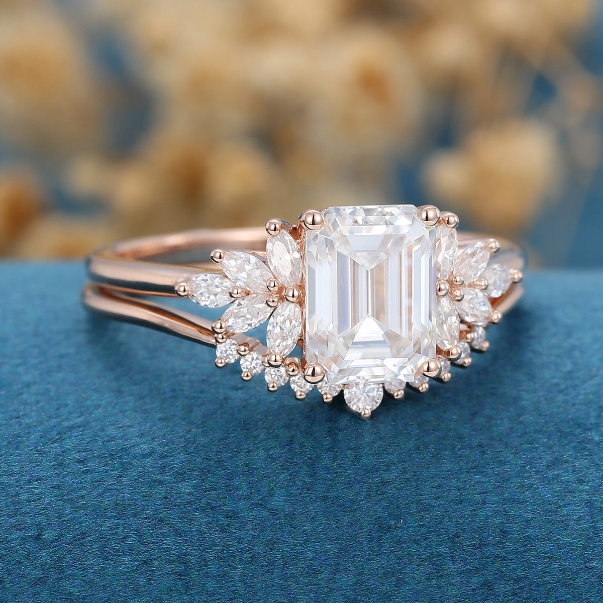 1.60 CT Emerald Shaped Moissanite Cluster Bridal Set