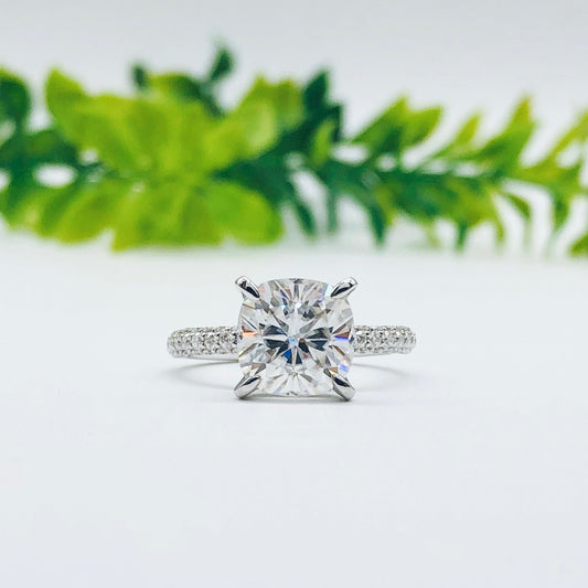 1.7 CT Cushion Hidden Halo Pave Moissanite Engagement Ring