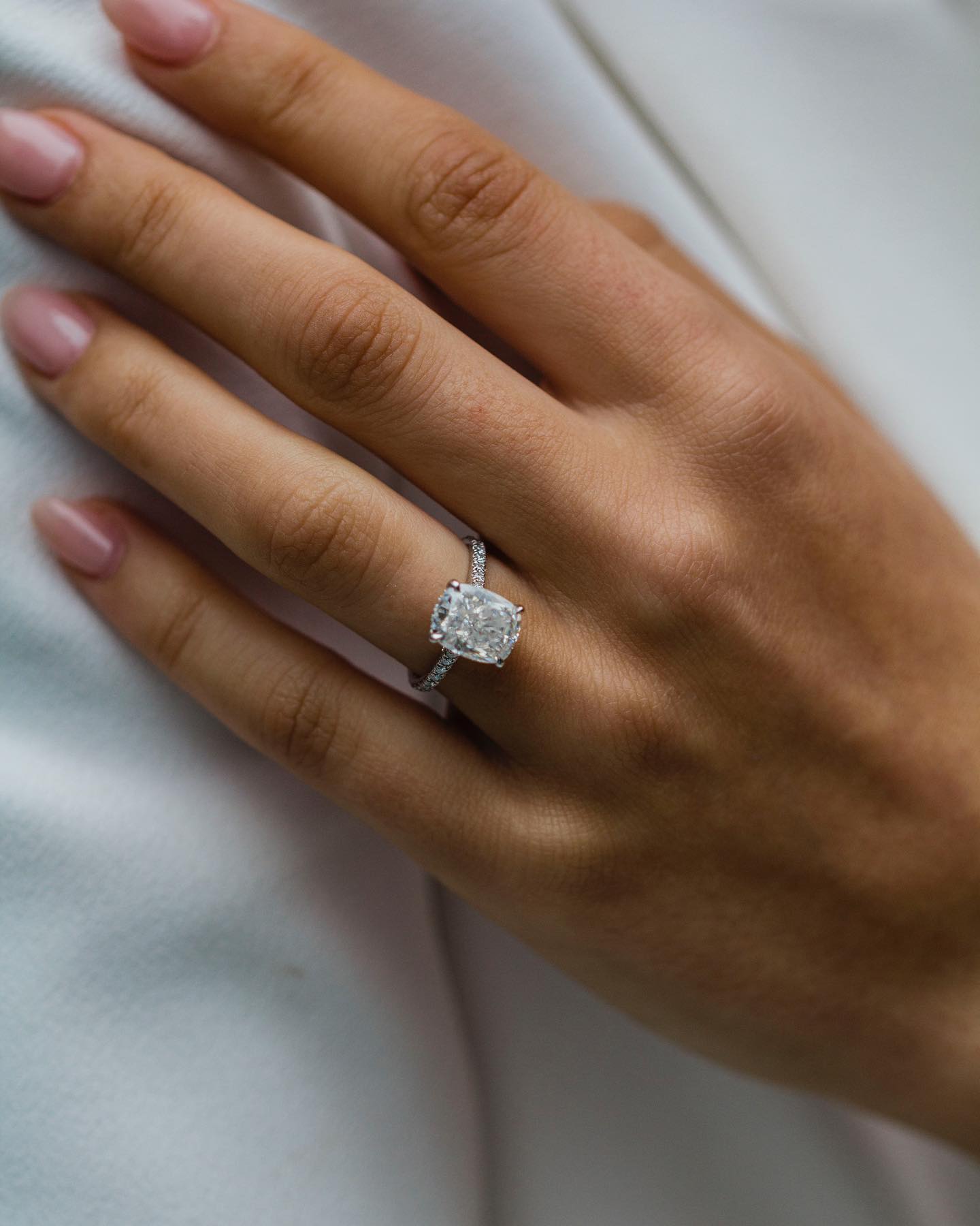 3.20 CT Cushion Solitaire Hidden Halo & Pave Moissanite Engagement Ring