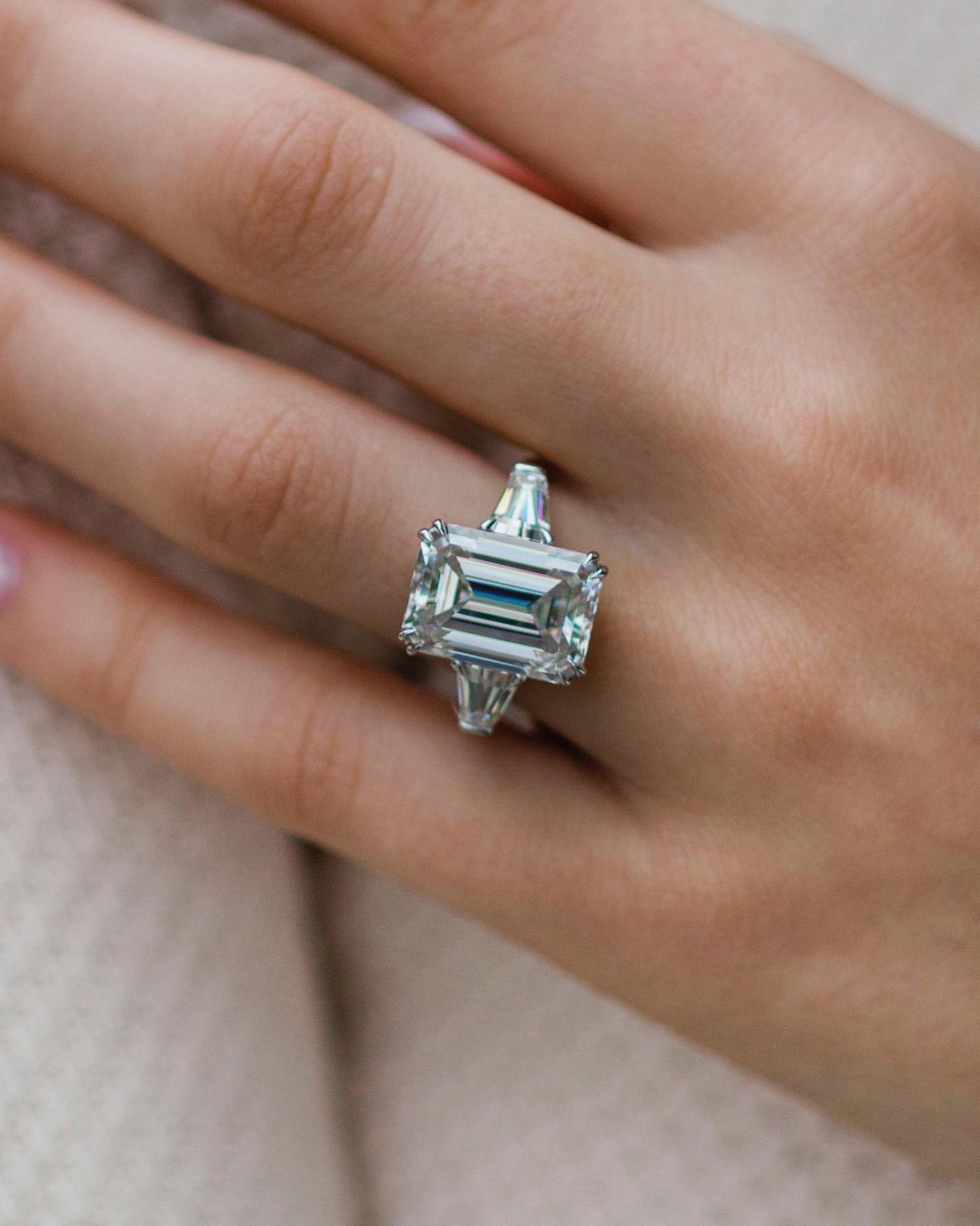 7.2 CT Emerald Cut Three Stone Moissanite Engagement Ring