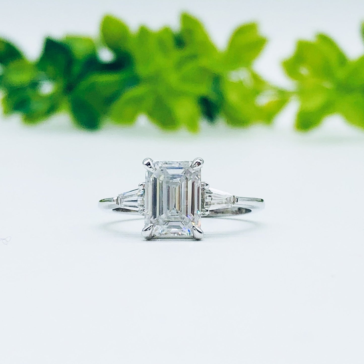 1.9 CT Emerald Cut Three Stone Moissanite Engagement Ring