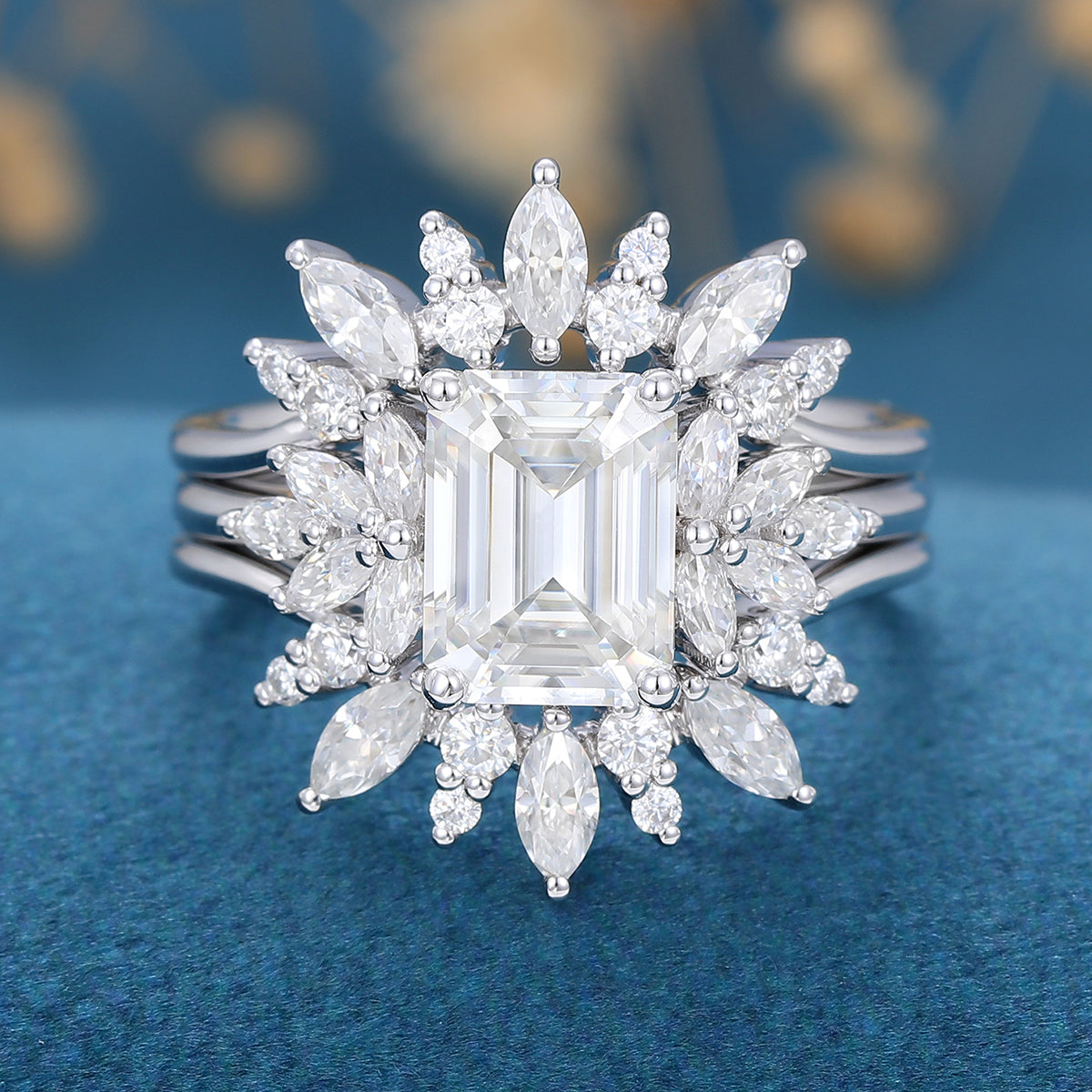 1.60 CT Emerald Shaped Moissanite Cluster Bridal Set