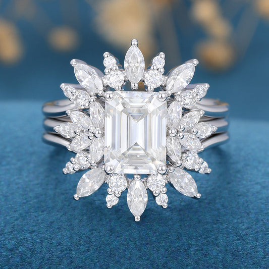1.60 CT Emerald Shaped Moissanite Cluster Bridal Set