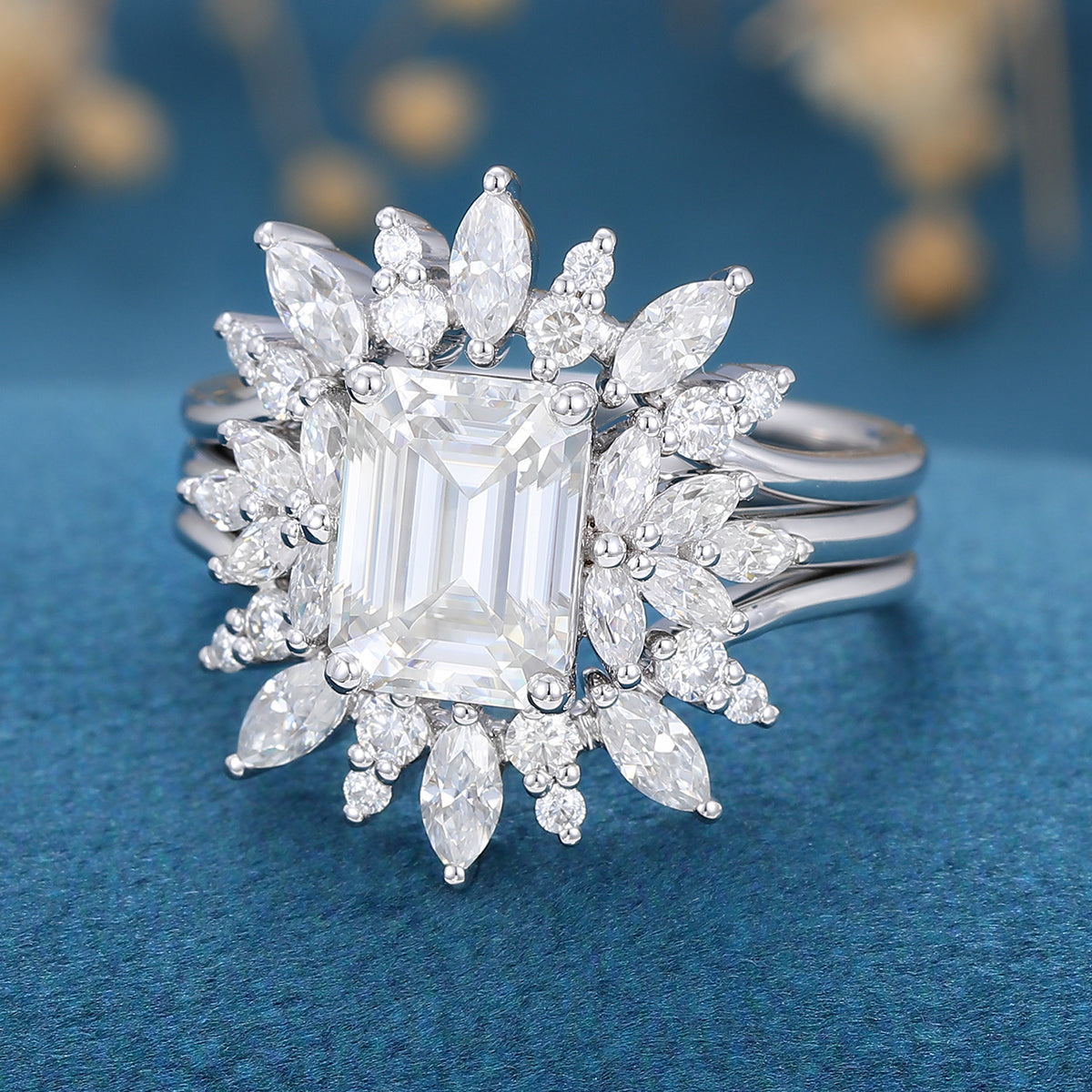 1.60 CT Emerald Shaped Moissanite Cluster Bridal Set