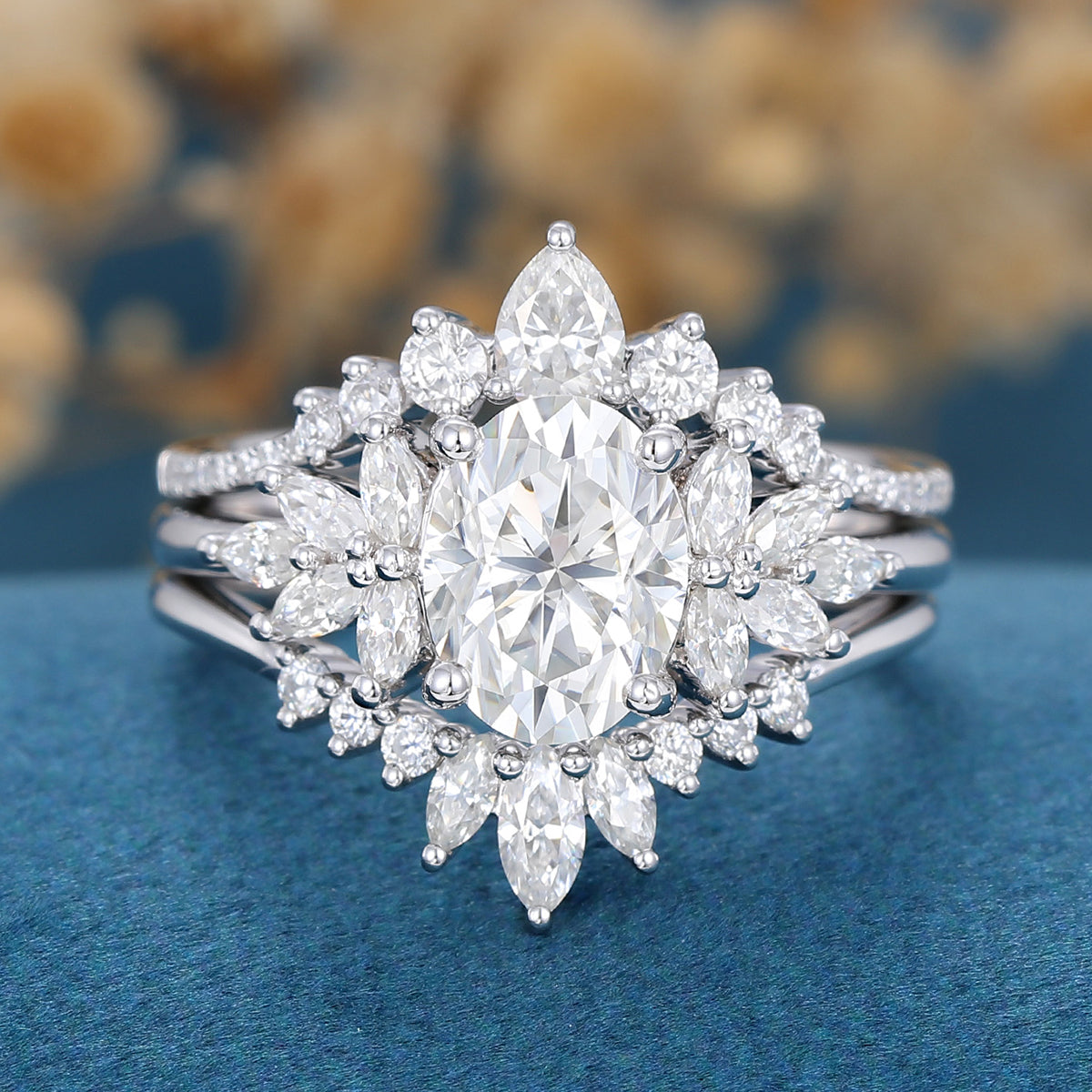 1.33 CT Oval Shaped Moissanite Cluster Bridal Set