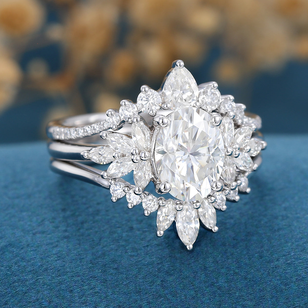 1.33 CT Oval Shaped Moissanite Cluster Bridal Set