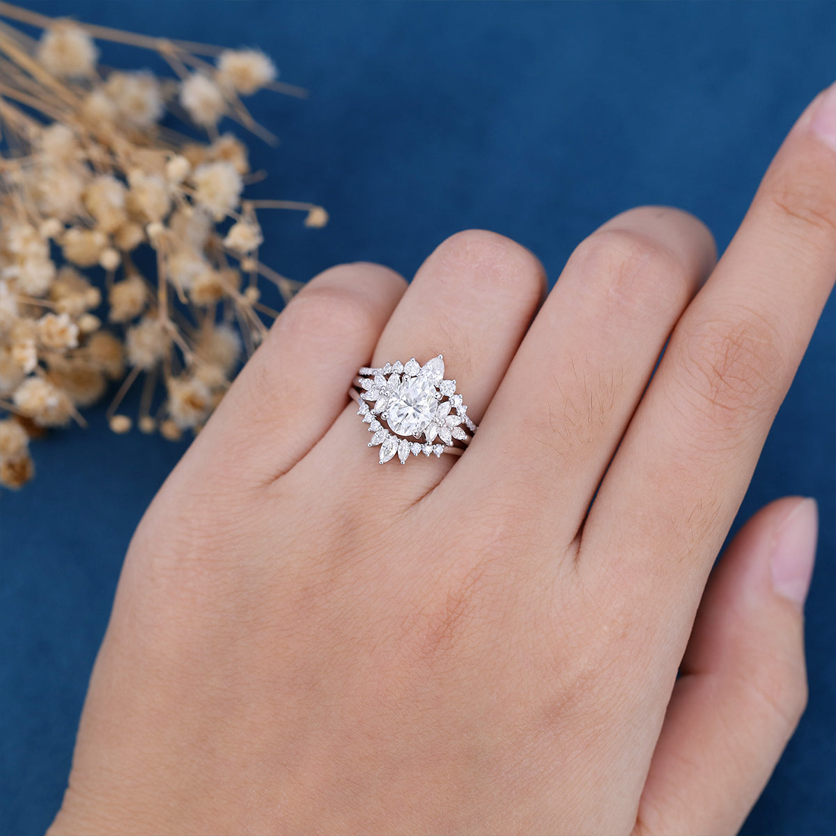 1.33 CT Oval Shaped Moissanite Cluster Bridal Set