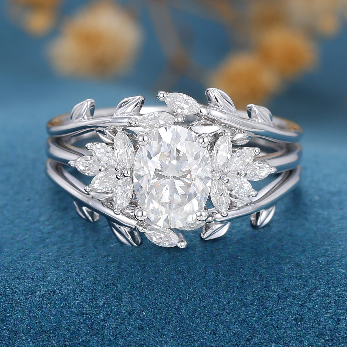 1.33 CT Oval Shaped Moissanite Cluster Bridal Set