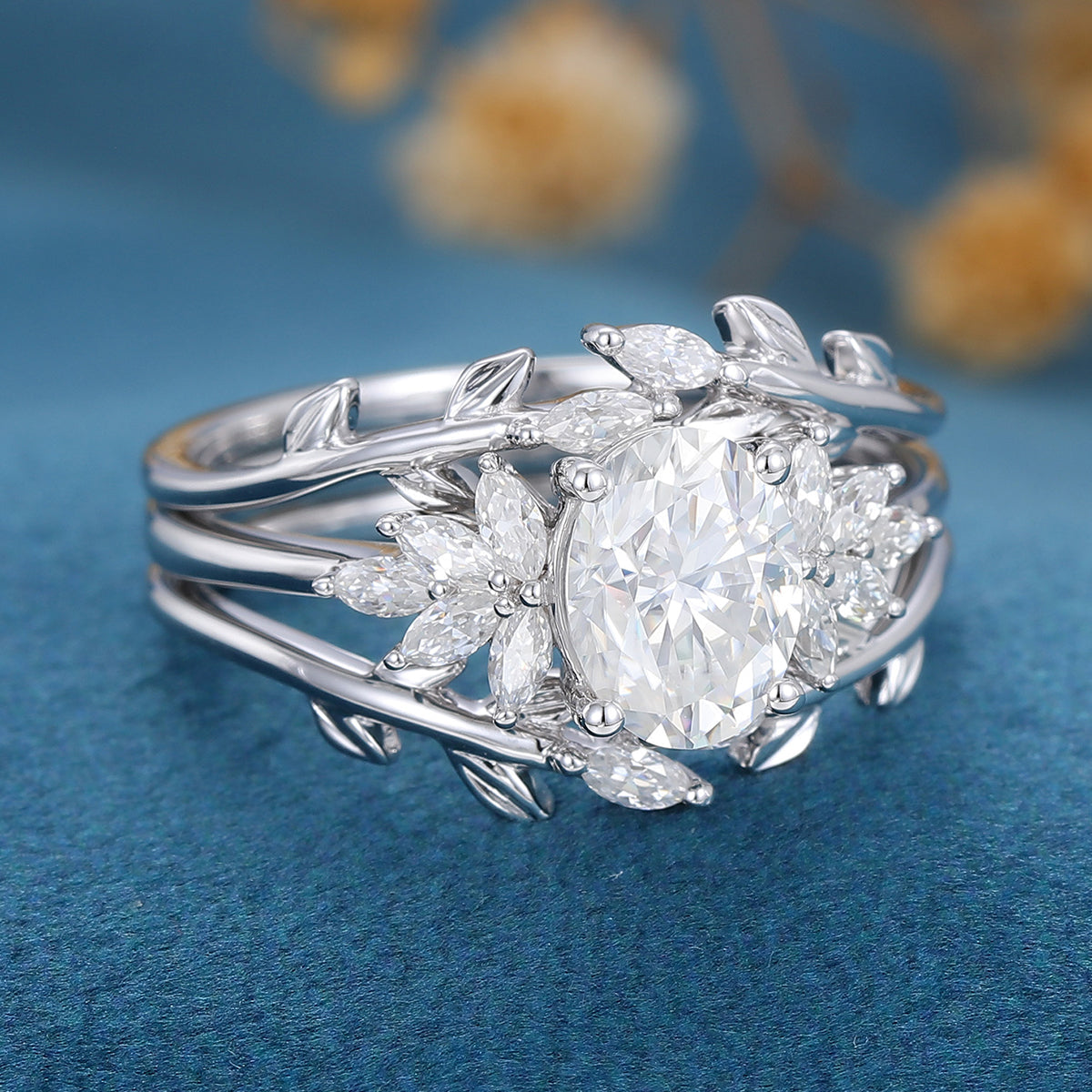 1.33 CT Oval Shaped Moissanite Cluster Bridal Set