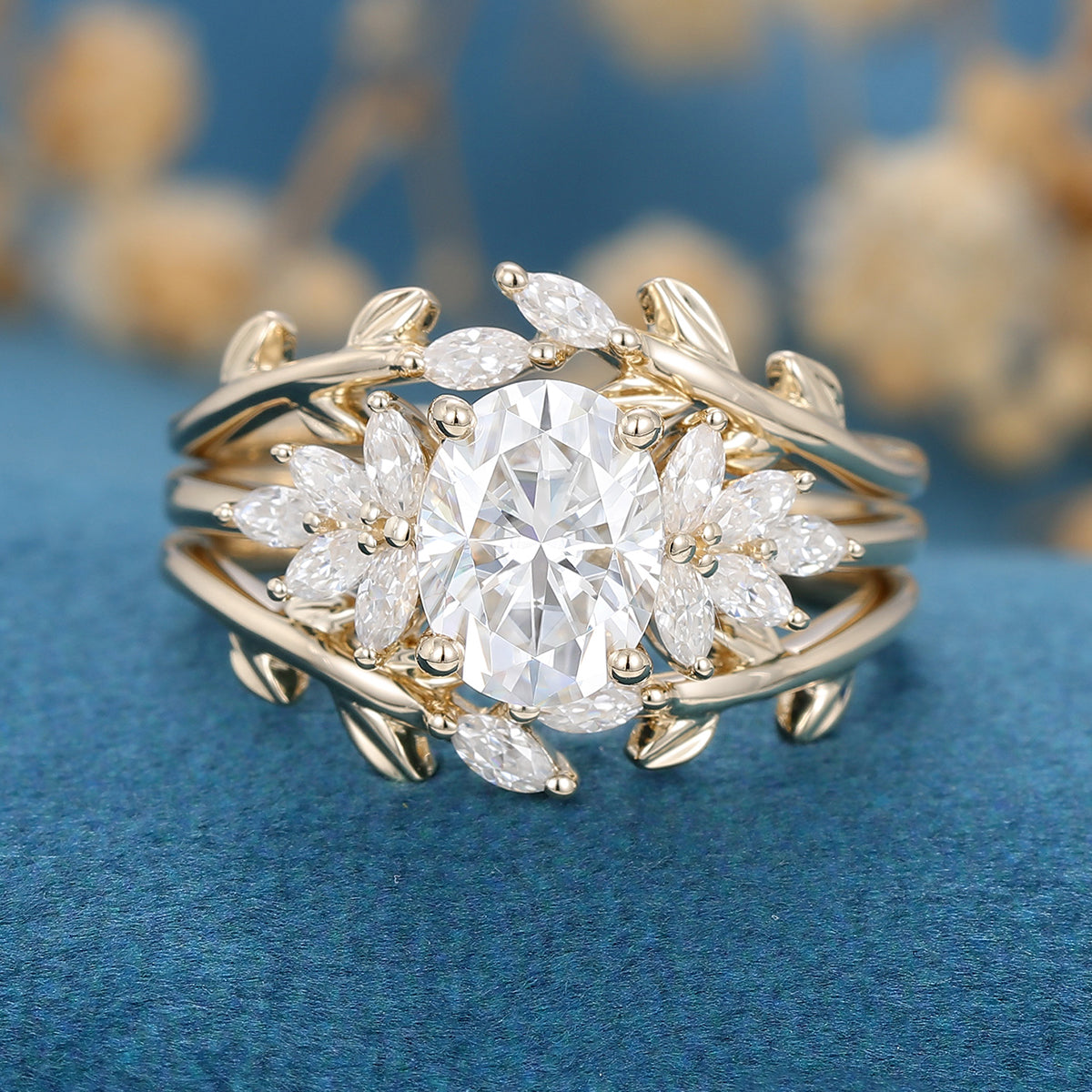 1.33 CT Oval Shaped Moissanite Cluster Bridal Set