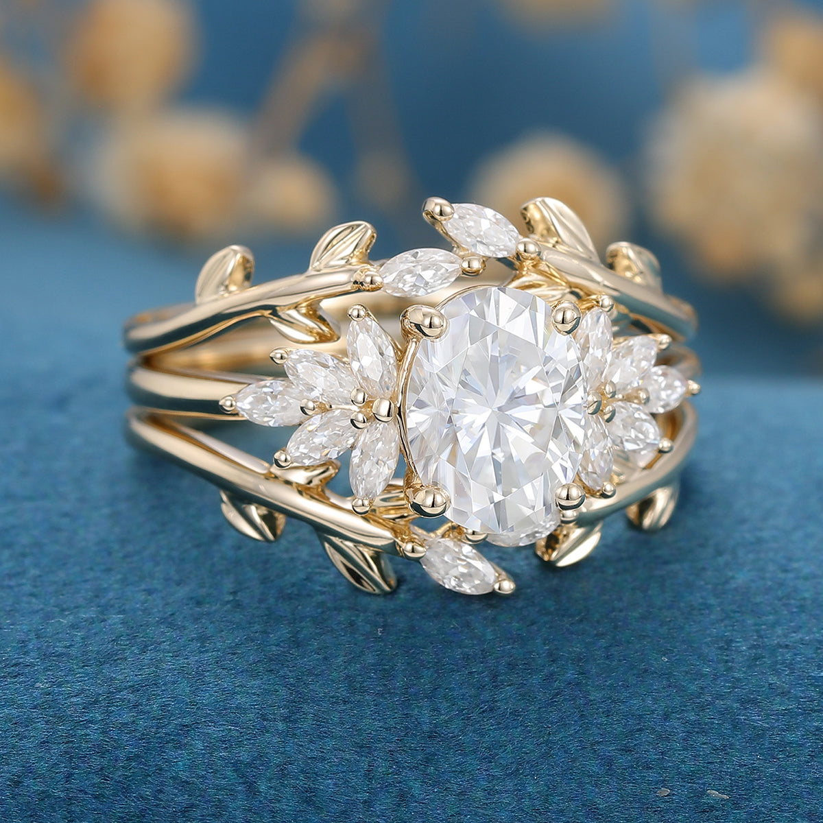 1.33 CT Oval Shaped Moissanite Cluster Bridal Set