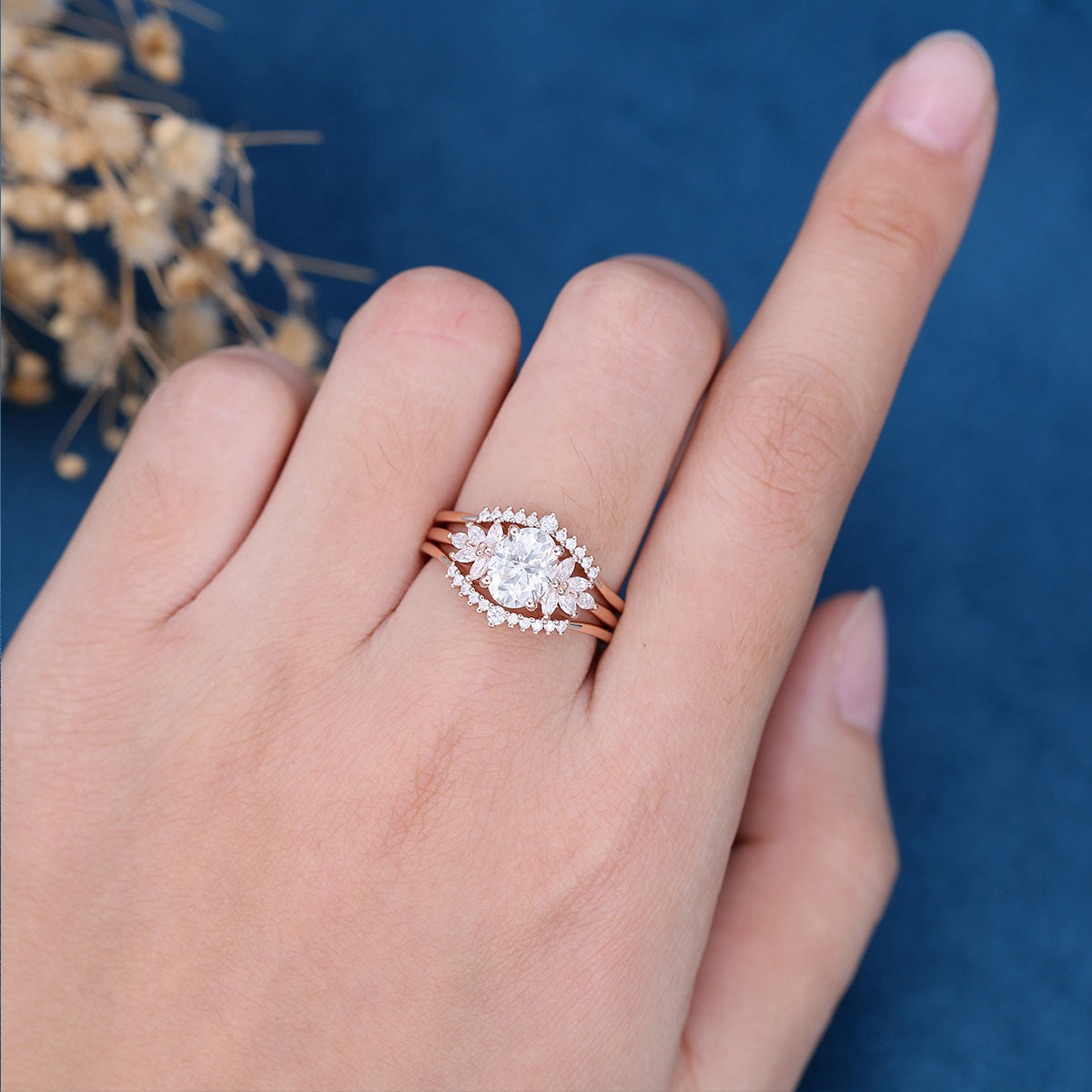 1.33 CT Oval Shaped Moissanite Cluster Bridal Set