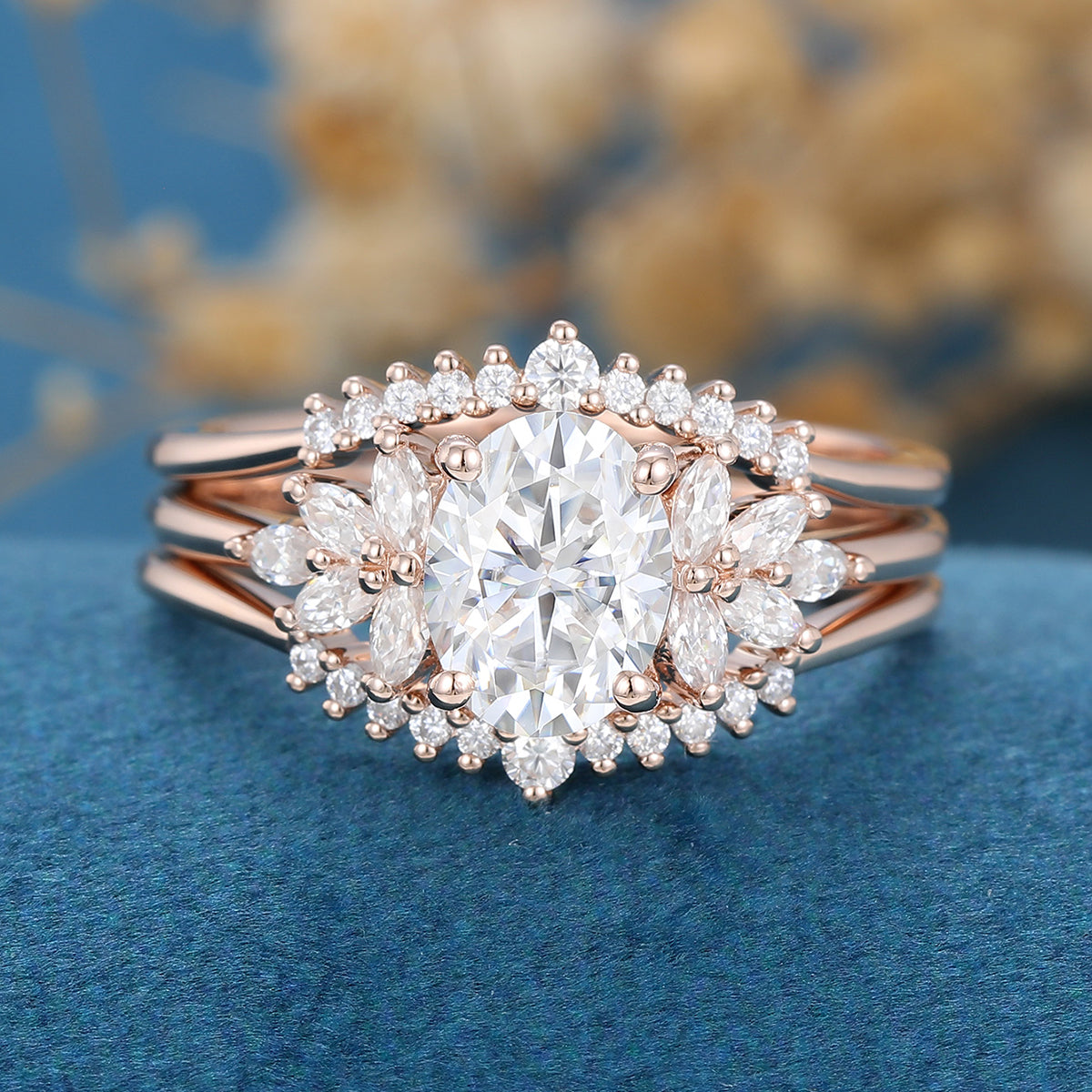 1.33 CT Oval Shaped Moissanite Cluster Bridal Set