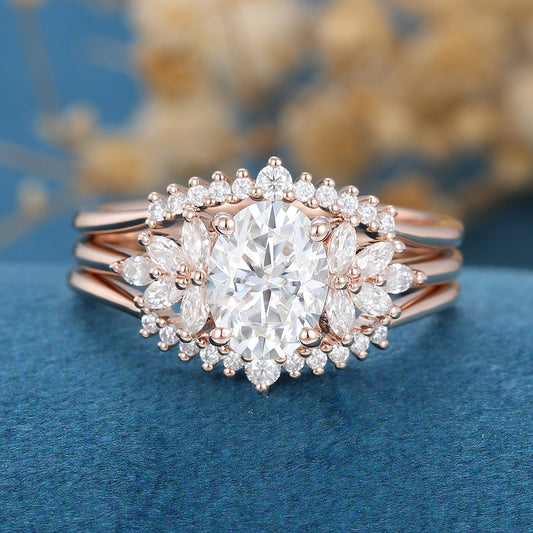 1.33 CT Oval Shaped Moissanite Cluster Bridal Set