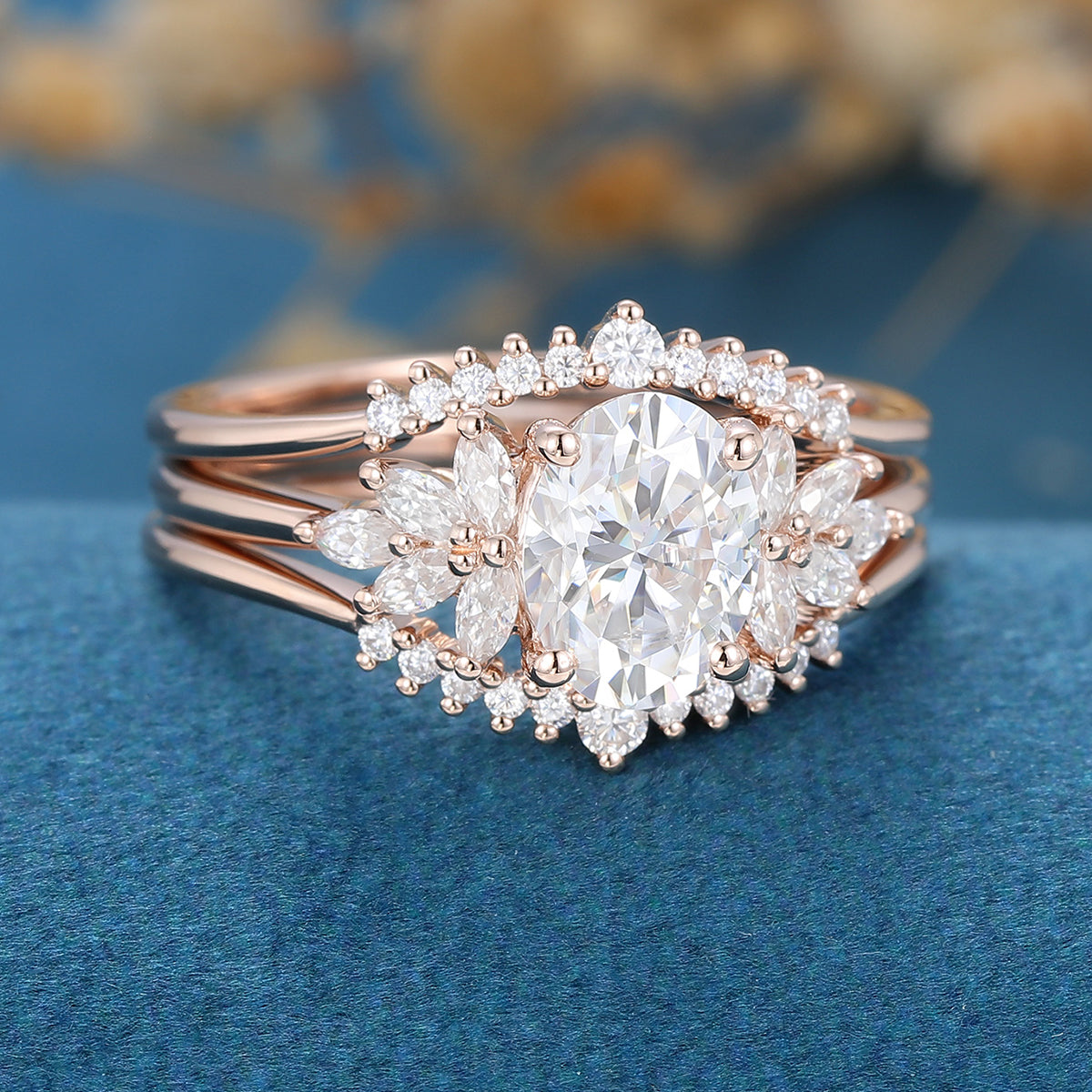 1.33 CT Oval Shaped Moissanite Cluster Bridal Set