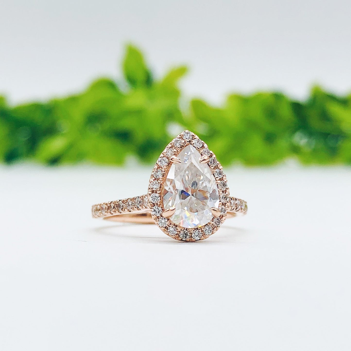 2.1 CT Pear Cut Halo Pave Moissanite Engagement Ring