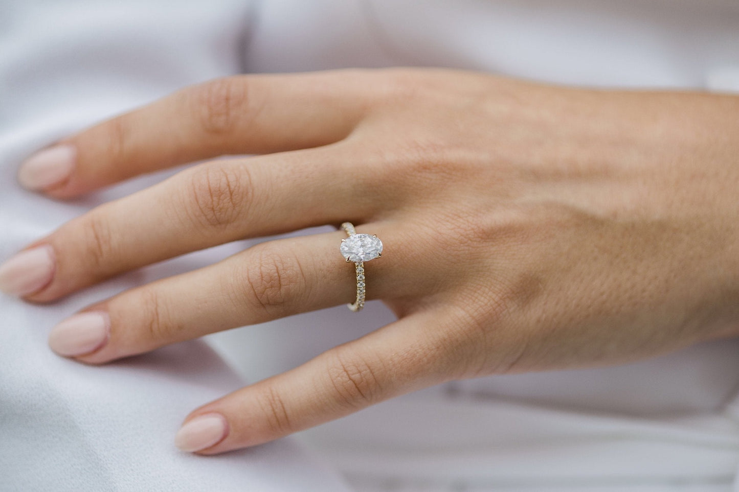 1.85 CT Oval Solitaire Hidden Halo & Pave Moissanite Engagement Ring