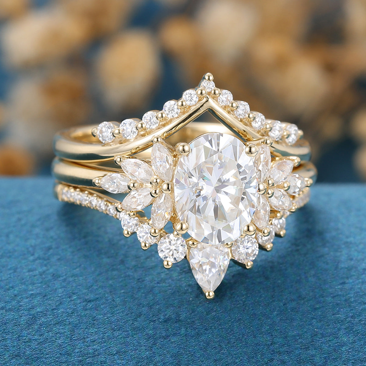 1.33 CT Oval Shaped Moissanite Cluster Bridal Set