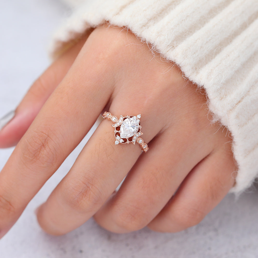 0.90 CT Pear Shaped Moissanite Vintage Engagement Ring