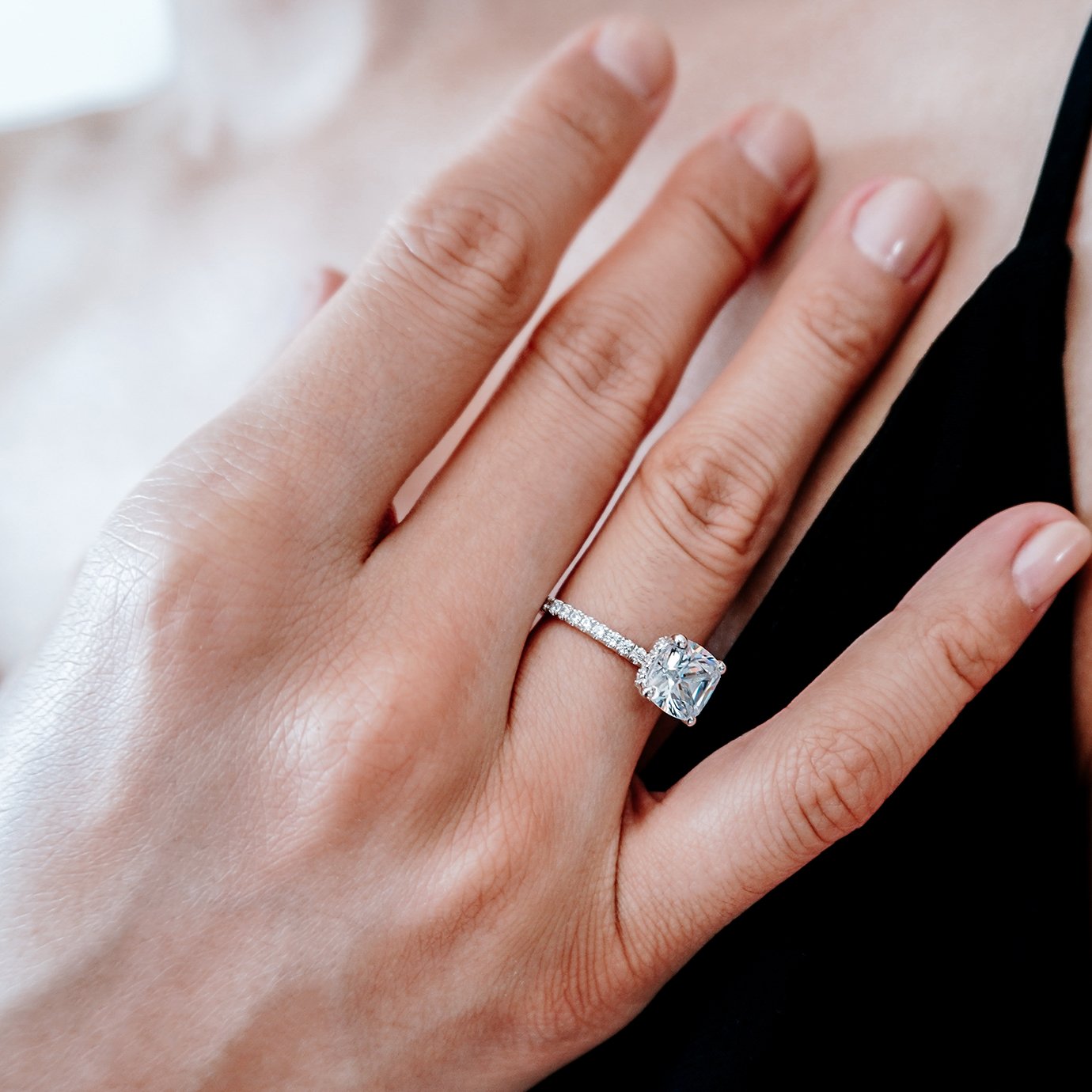 2.0 CT Cushion Shaped Moissanite Hidden Halo Engagement Ring