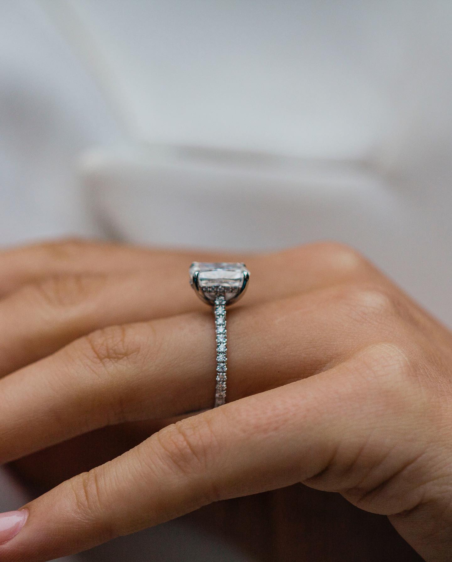 3.20 CT Cushion Solitaire Hidden Halo & Pave Moissanite Engagement Ring