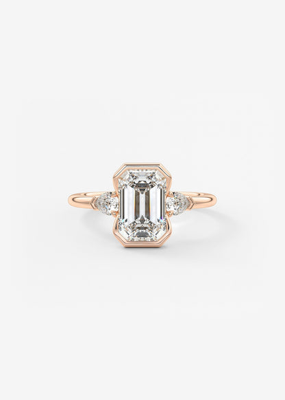 Emerald Three Stone Bezel Lab Grown Diamond Engagement Ring