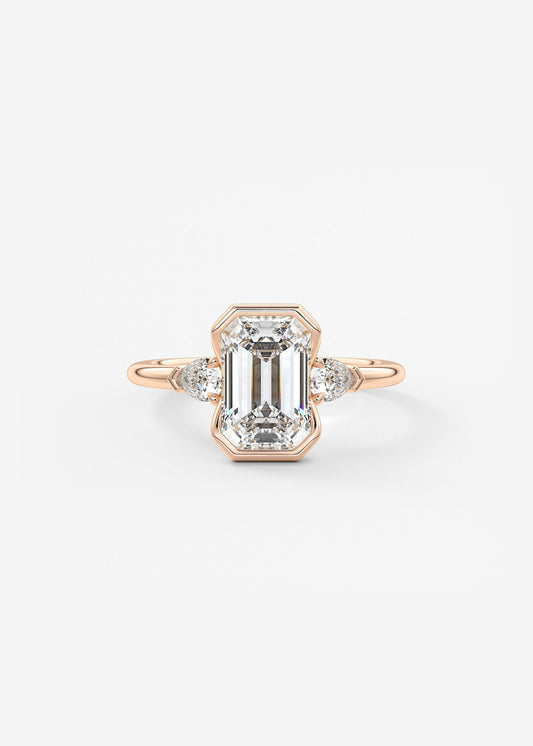 Emerald Three Stone Bezel Lab Grown Diamond Engagement Ring