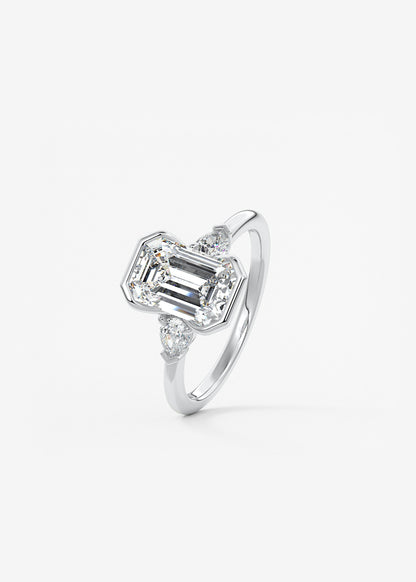 Emerald Three Stone Bezel Lab Grown Diamond Engagement Ring