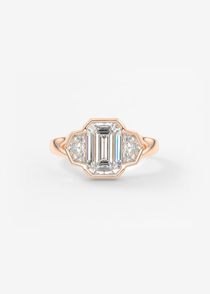 Emerald Three Stone Bezel Lab Grown Diamond Engagement Ring