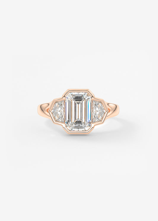 Emerald Three Stone Bezel Lab Grown Diamond Engagement Ring