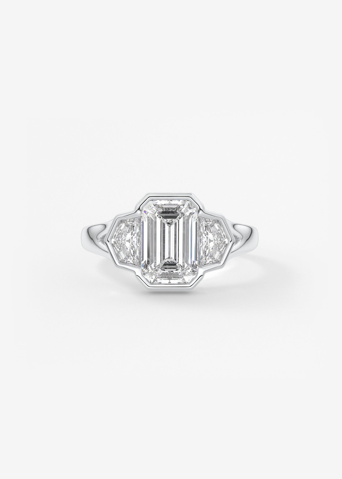 Emerald Three Stone Bezel Lab Grown Diamond Engagement Ring