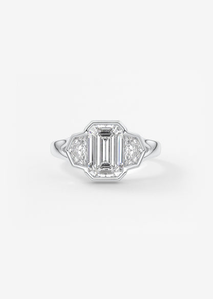 Emerald Three Stone Bezel Lab Grown Diamond Engagement Ring