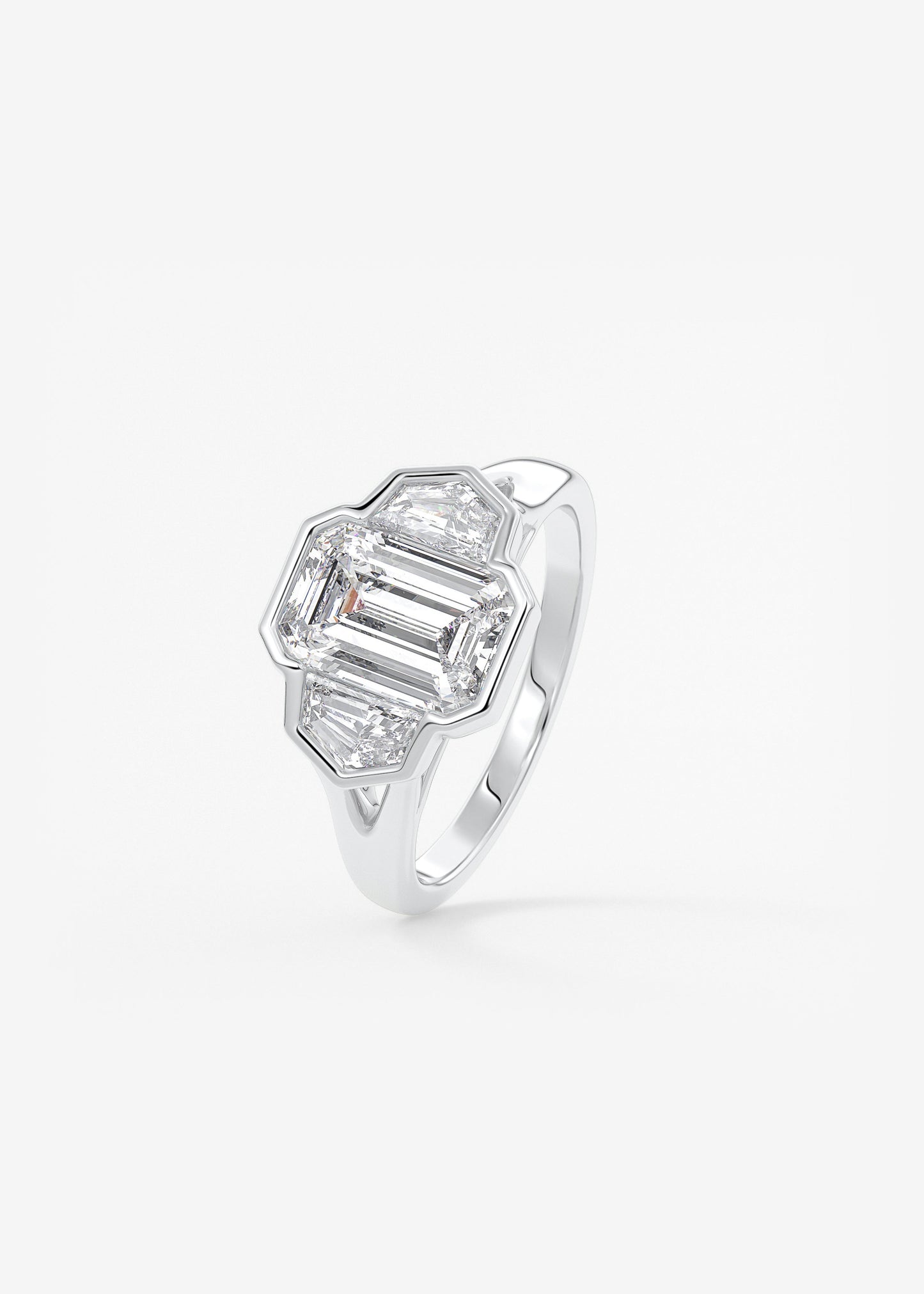 Emerald Three Stone Bezel Lab Grown Diamond Engagement Ring