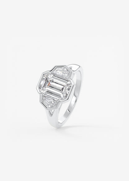 Emerald Three Stone Bezel Lab Grown Diamond Engagement Ring