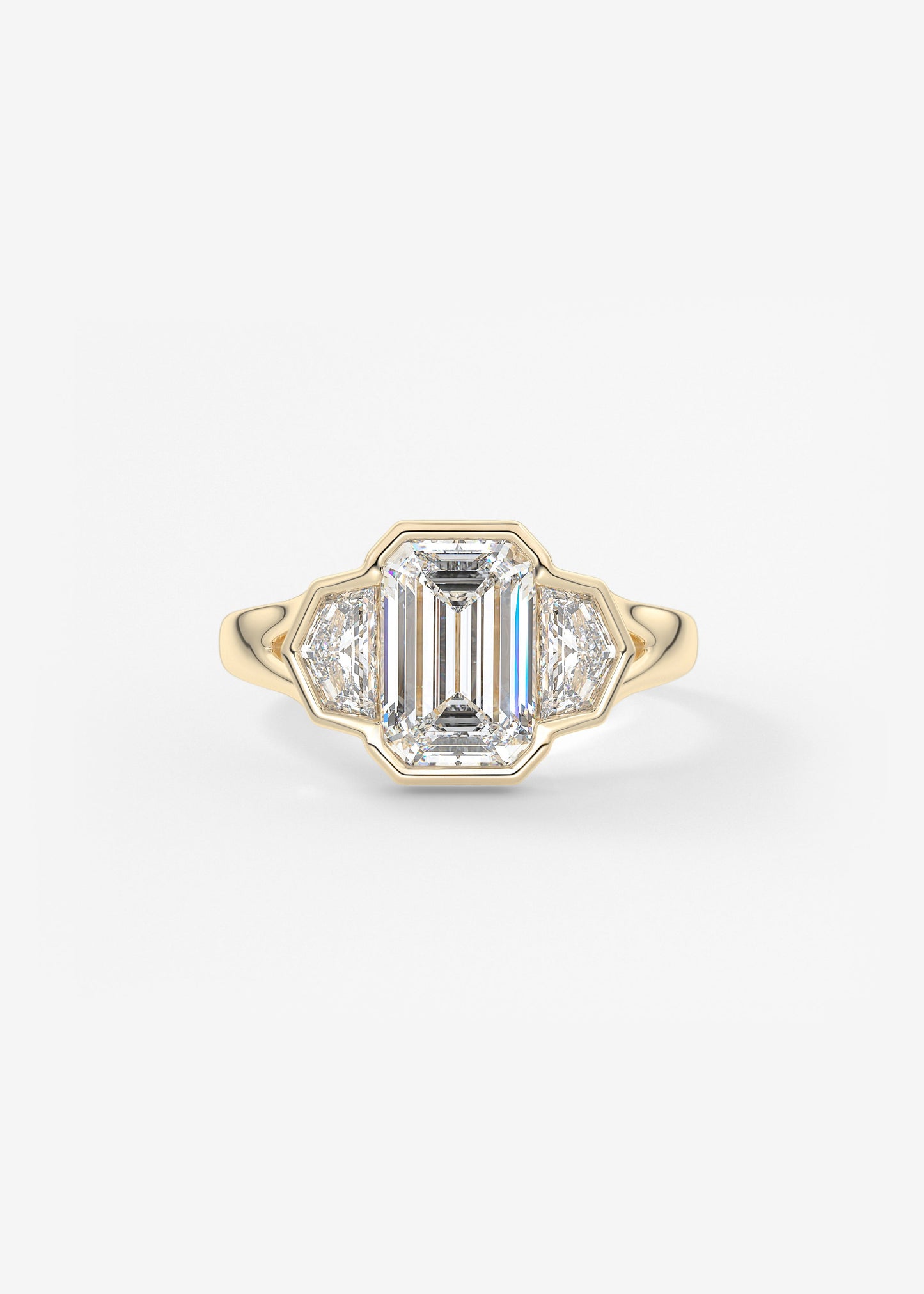 Emerald Three Stone Bezel Lab Grown Diamond Engagement Ring