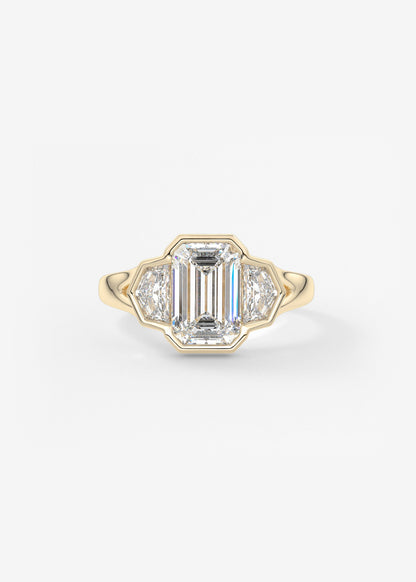 Emerald Three Stone Bezel Lab Grown Diamond Engagement Ring