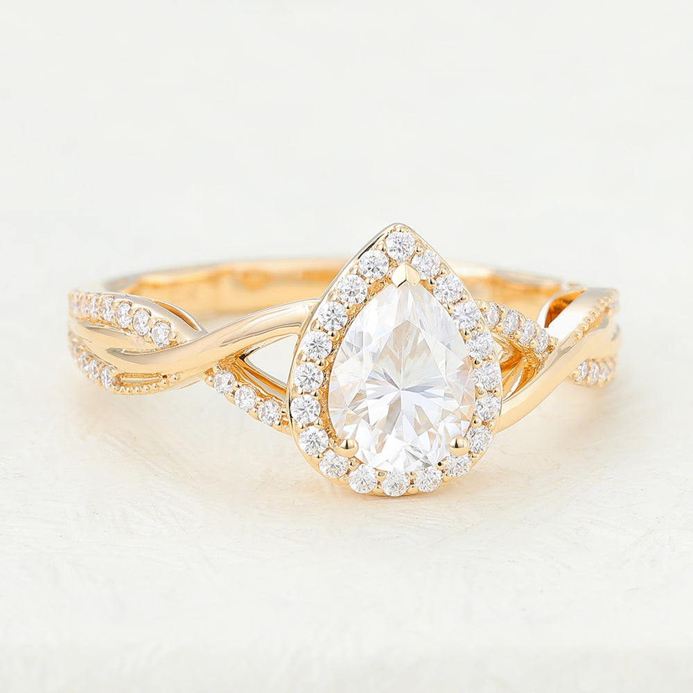 0.43 CT Pear Shaped Moissanite Halo & Twisted Pave Engagement Ring