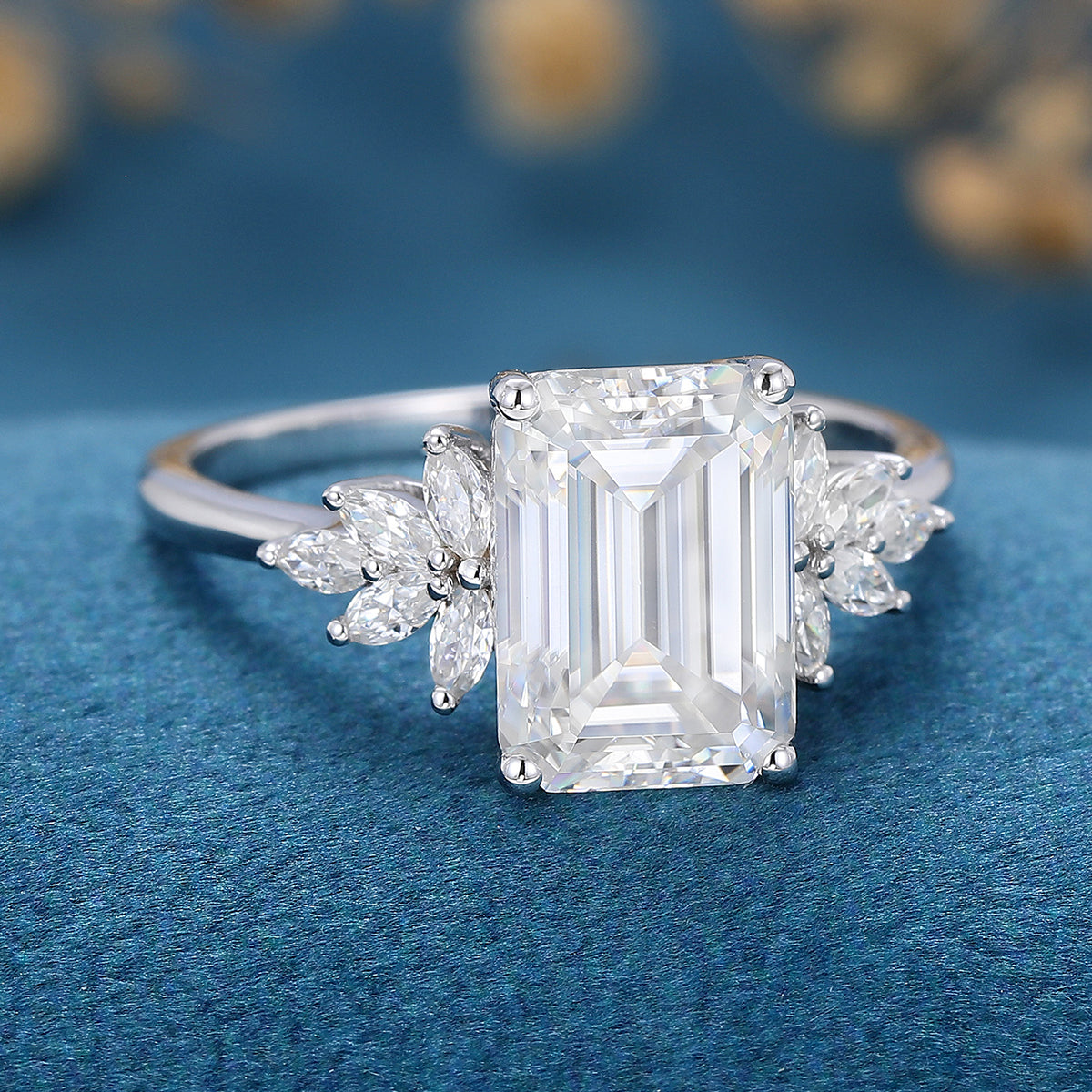 2.0 CT Emerald Shaped Moissanite Cluster Engagement Ring