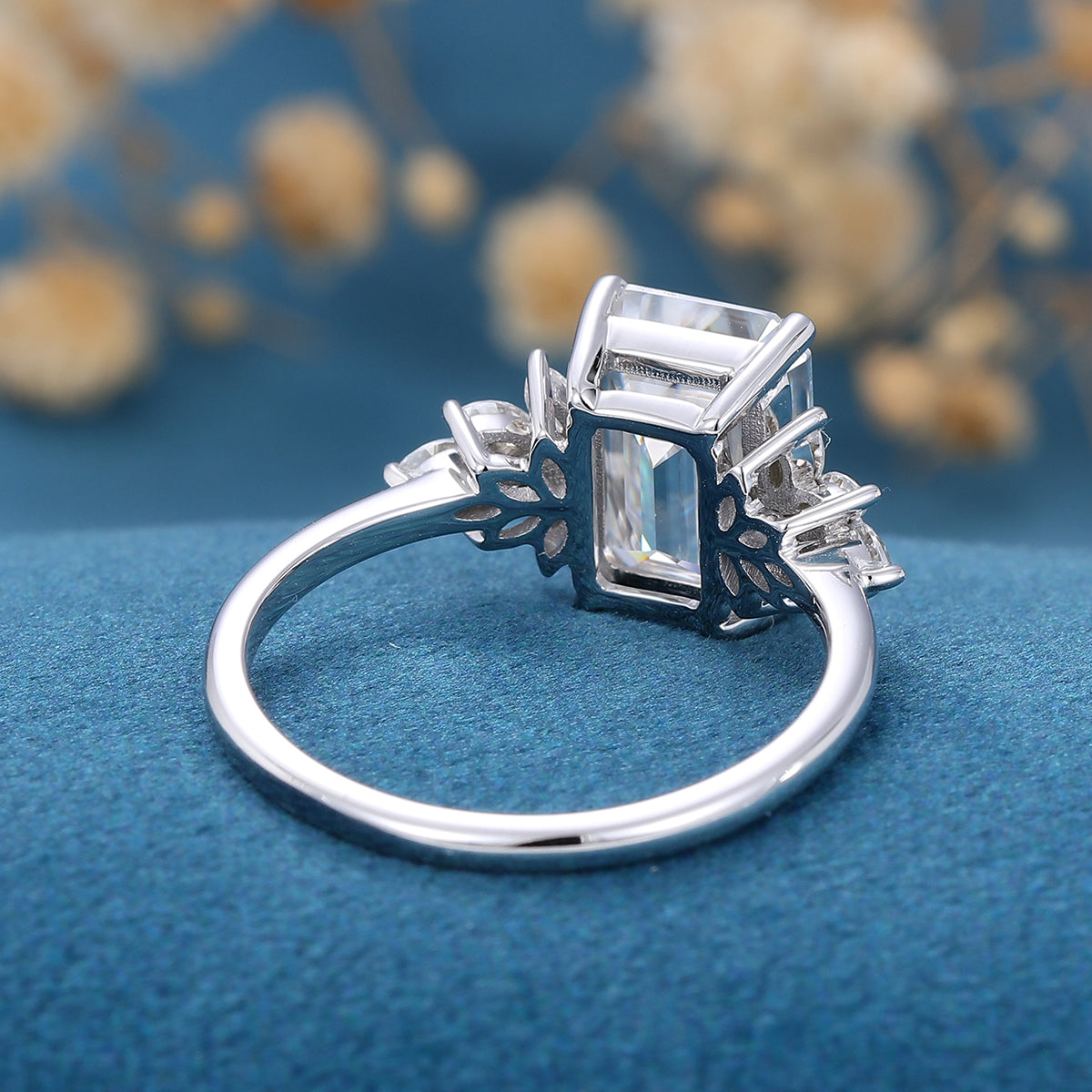 2.0 CT Emerald Shaped Moissanite Cluster Engagement Ring