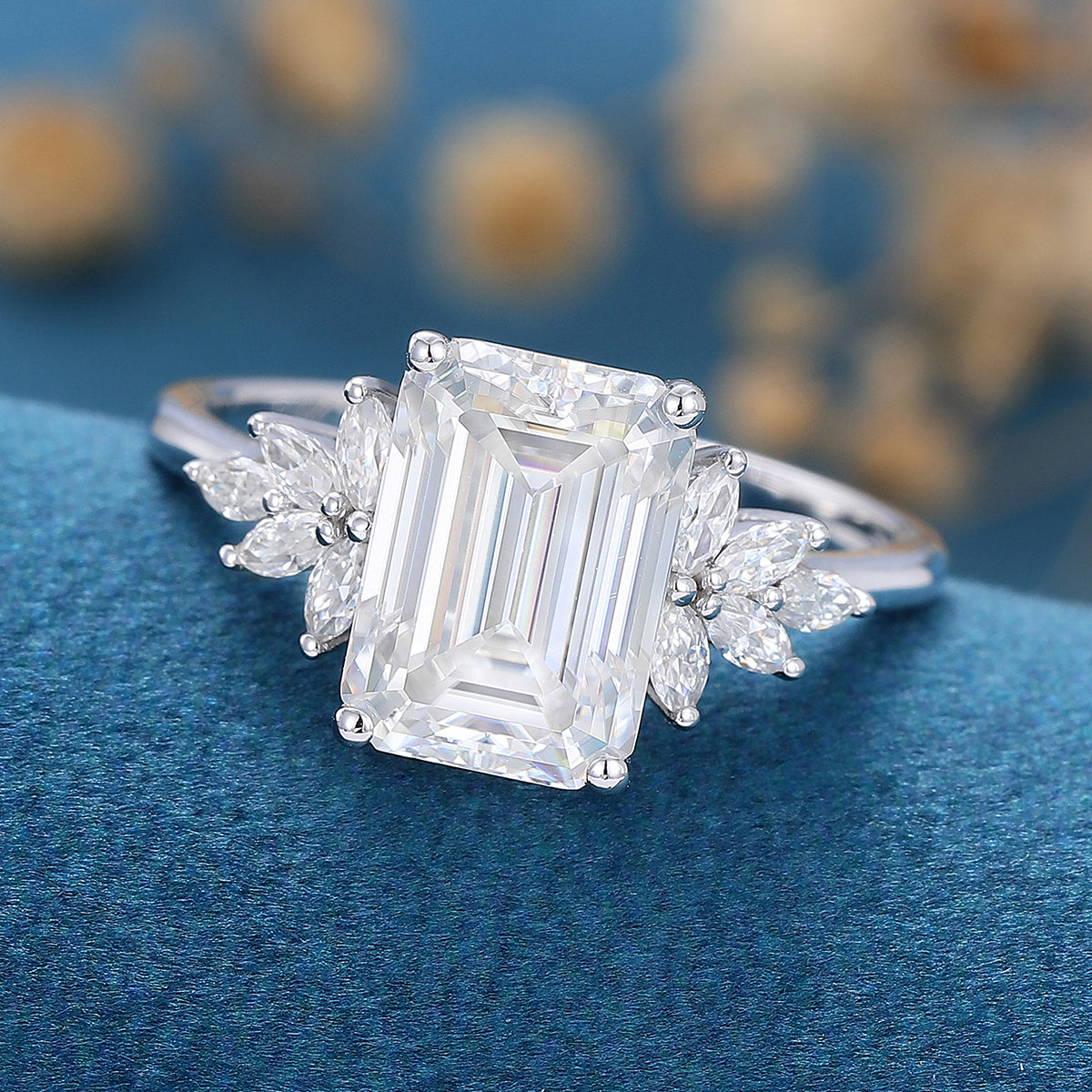 2.0 CT Emerald Shaped Moissanite Cluster Engagement Ring