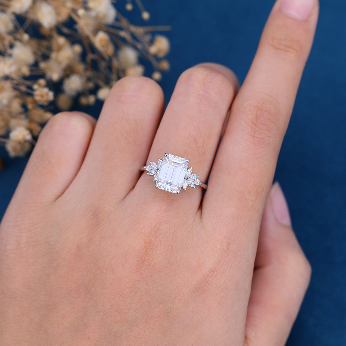 2.0 CT Emerald Shaped Moissanite Cluster Engagement Ring