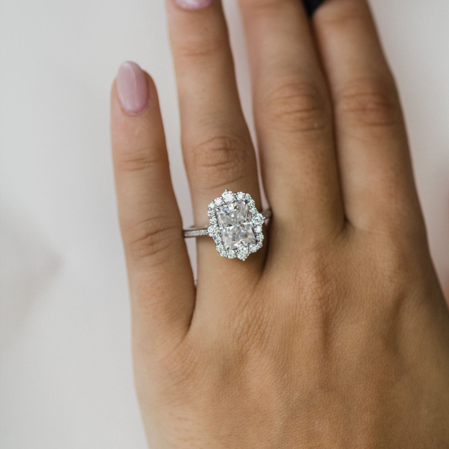 3.4 CT Radiant Halo & Pave Lab Grown Diamond Engagement Ring