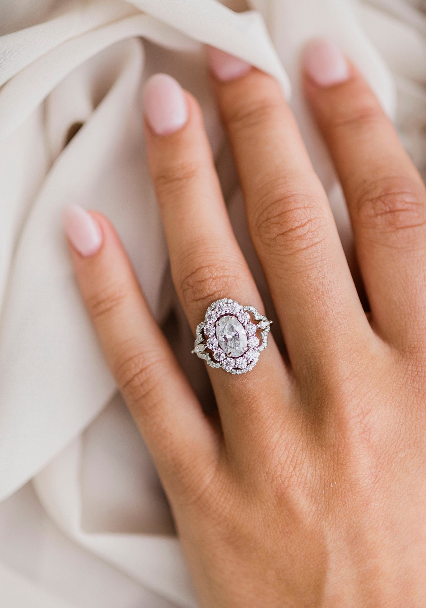 1.85 CT Oval Art Deco Halo Moissanite Engagement Ring