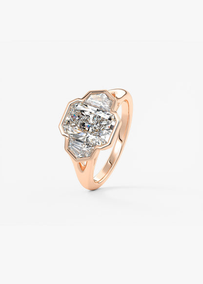 Radiant Three Stone/Bezel Lab Grown Diamond Engagement Ring