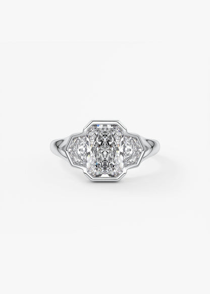 Radiant Three Stone/Bezel Lab Grown Diamond Engagement Ring