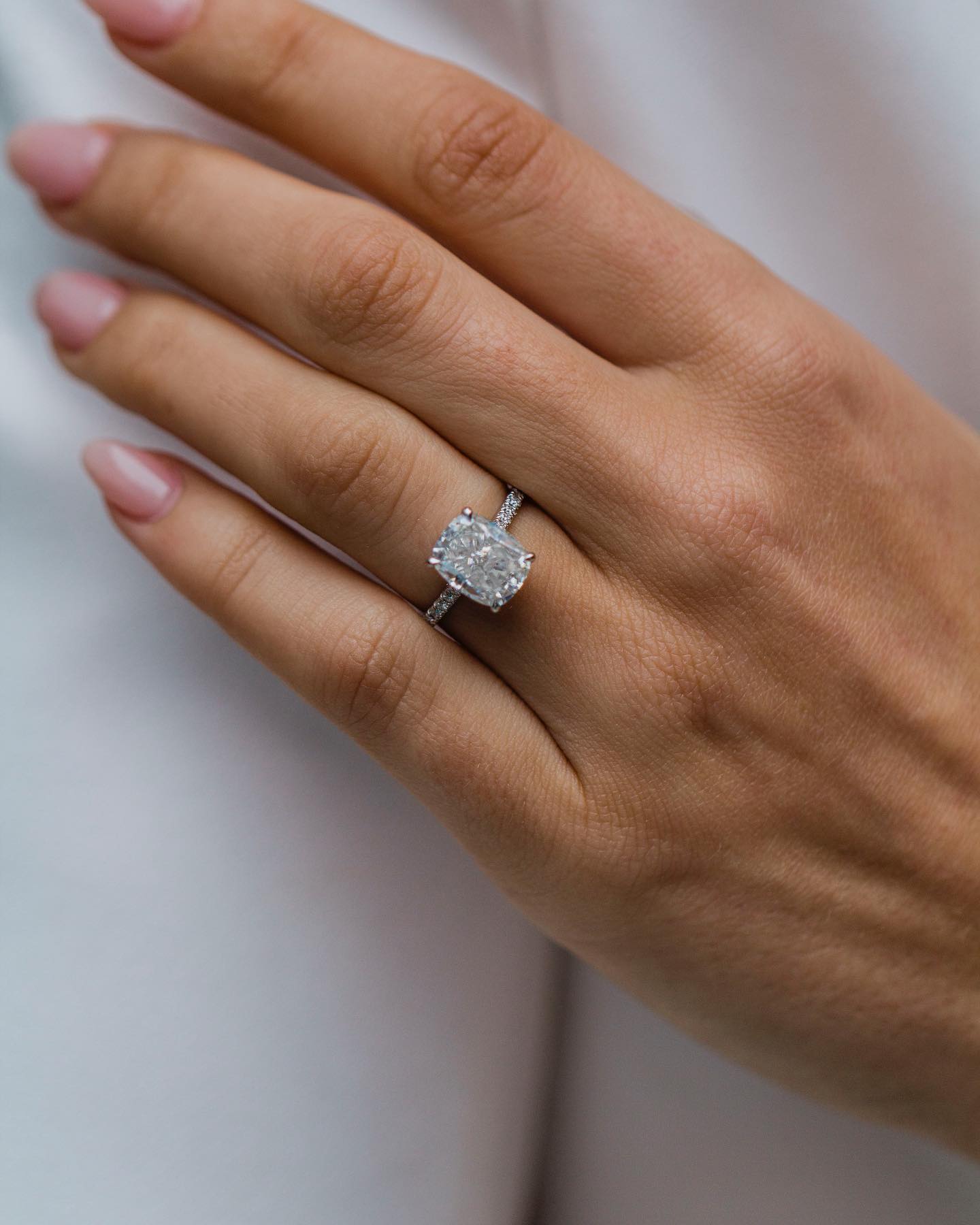 3.20 CT Cushion Solitaire Hidden Halo & Pave Moissanite Engagement Ring