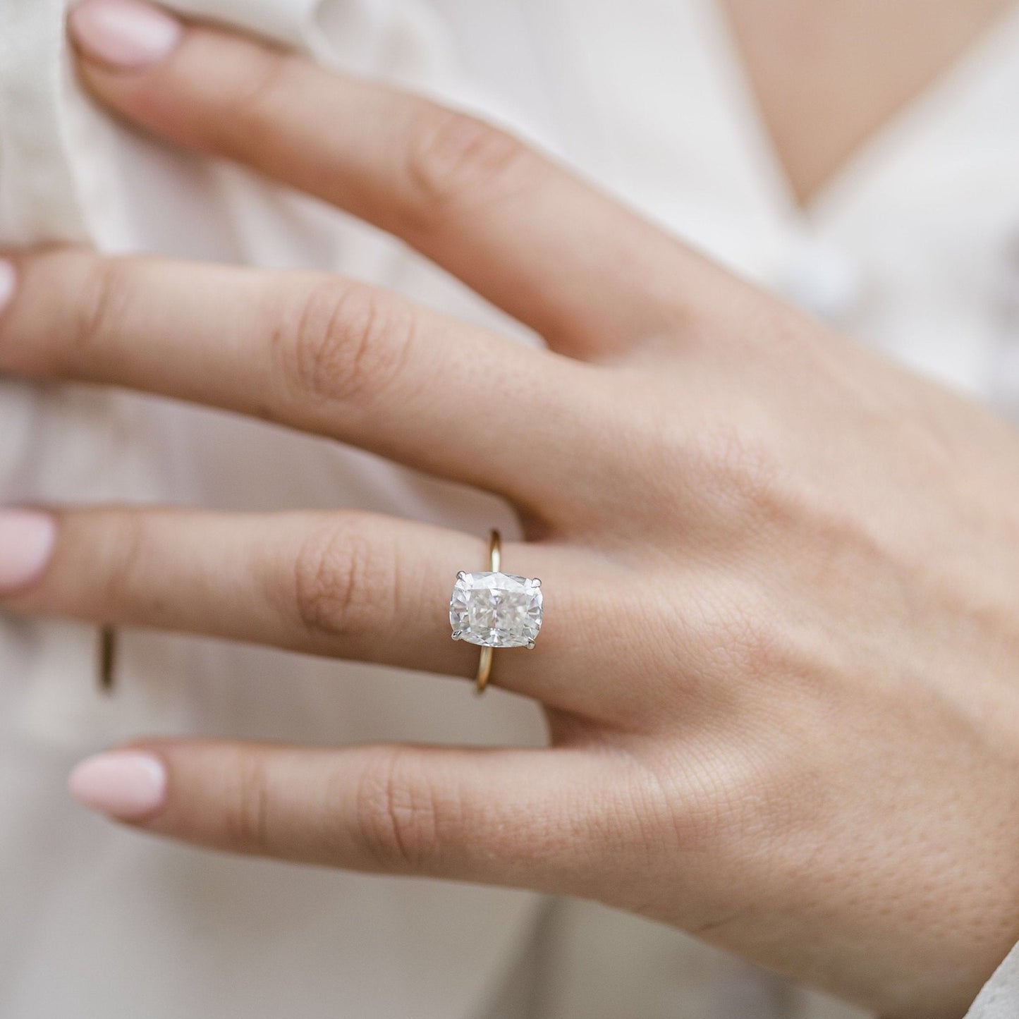 3.20 CT Elongated Cushion Solitaire Hidden Halo Moissanite Engagement Ring