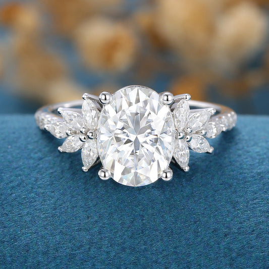 1.91 CT Oval Shaped Moissanite Cluster Engagement Ring